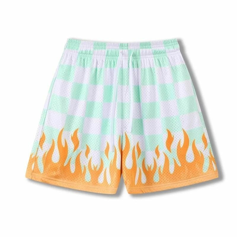 Pantalones cortos de baloncesto americano para hombres y mujeres, pantalones de malla con estampado de llama, secado rápido, doble, informal, suelto, entrenamiento de fitness, correr