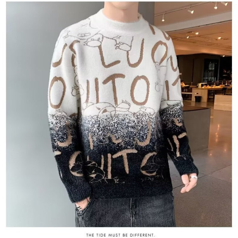 Suéteres ajustados de alta calidad para hombre, ropa de calle con cuello redondo, suéter en forma de M, jerséis de moda japonesa, otoño e invierno, 2023