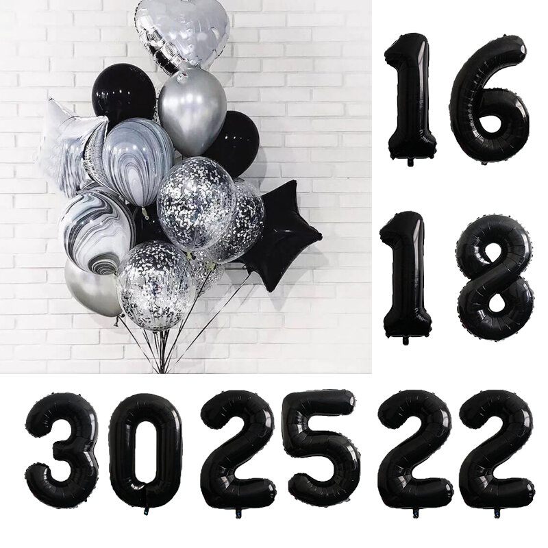 Bandeira De Balão De Ágata Negra, Decoração De Festa De Aniversário, Adulto Birthday Letter, Número Balões De Folha, 40 ", 18, 25, 30, 40, 70, 2pcs