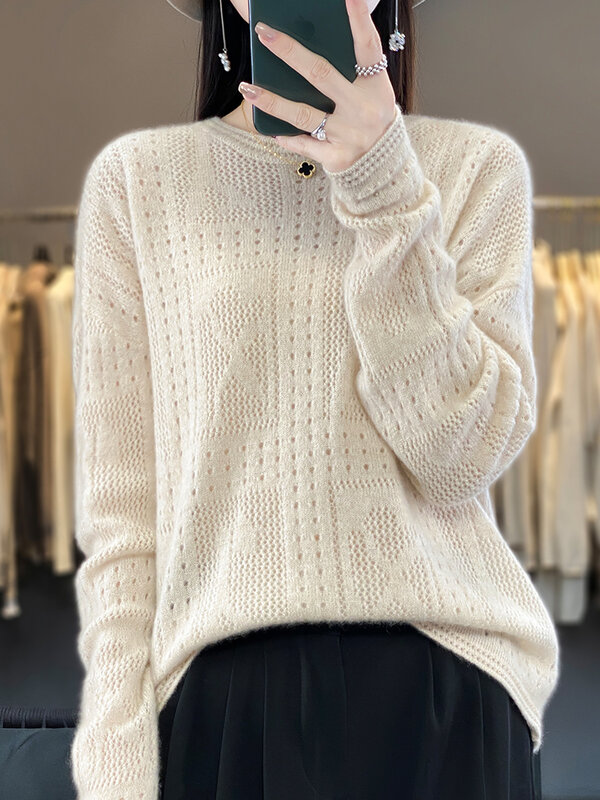 Женский вязаный свитер из 100% мериносовой шерсти, Свободный пуловер с длинным рукавом и круглым вырезом, весна-осень