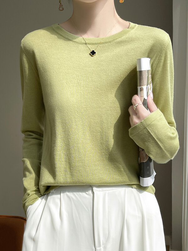 Merino woウール-女性用ラウンドプルオーバー、長袖ニットシャツ、薄手のカジュアルシャツ、春と夏、新しい