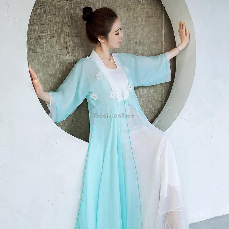 2024 chinese style vintage fairy daily hanfu set simple v-neck inner suspended dress stereoscopic flower gradient gauze dress