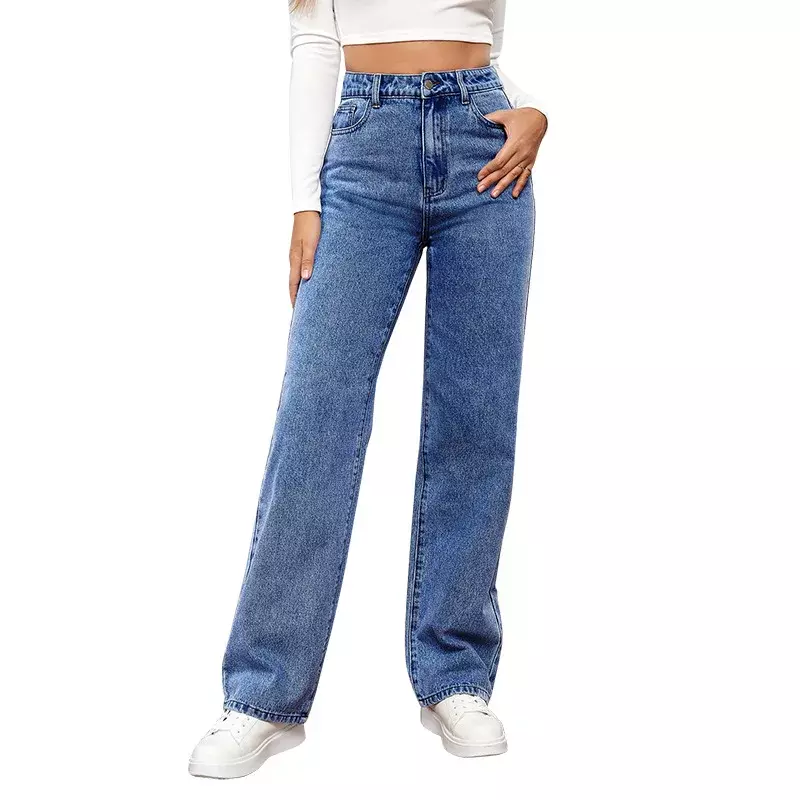 جينز نسائي بخصر عالٍ فضفاض مع جيوب ، بنطلون جينز مستقيم ، لون ثابت ، مطاطي خفيف ، طول الكاحل ، مناسب ، مغسول