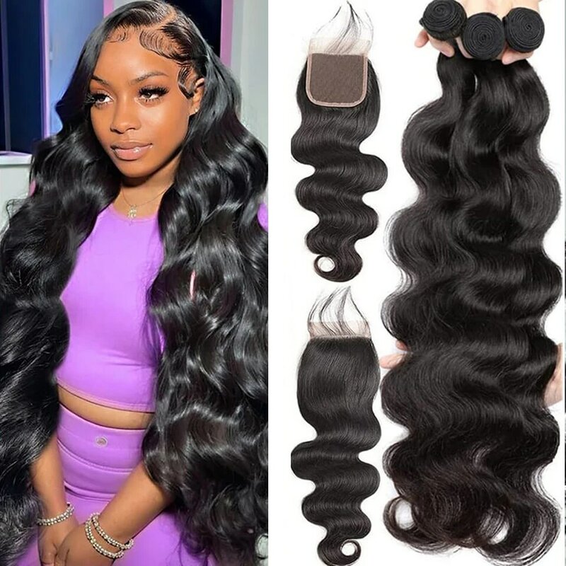 Brazilian Body Wave Human Hair Bundles with Lace Closure 100% Unprocessed Remy Hair Body Weave Hair bundles with 4x4 closure