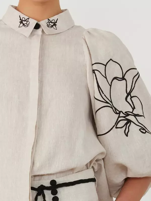 Conjunto feminino de calças de linho de algodão estampado, manga grande com lanterna, top de lapela, calça com renda para perna larga, terno primavera, 2021