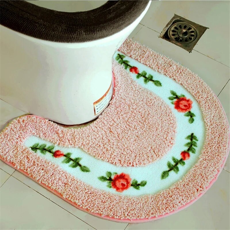 Simple Print Pattern Home Bathroom Non-slip Floor Mat U-shaped  Toilet Dirt Resistant Foot Mat Washroom Absorb Water Floor Pad