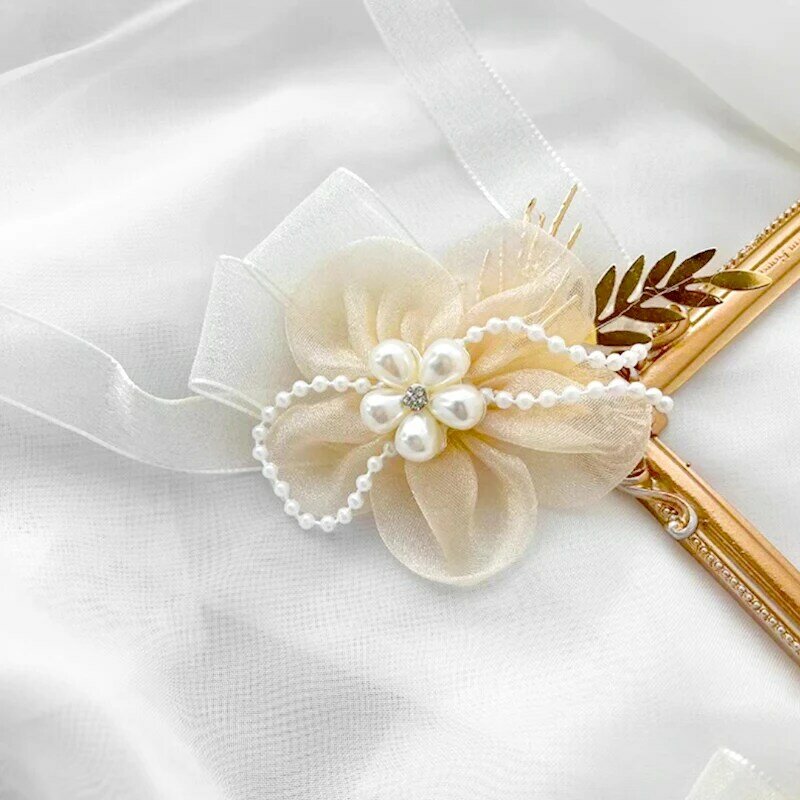 Kwiat na nadgarstek perłowy kryształ stanik druhna opaska na rękę z kwiatem ślub panny młodej ślubna bransoletki akcesoria biżuteria dla dziewcząt