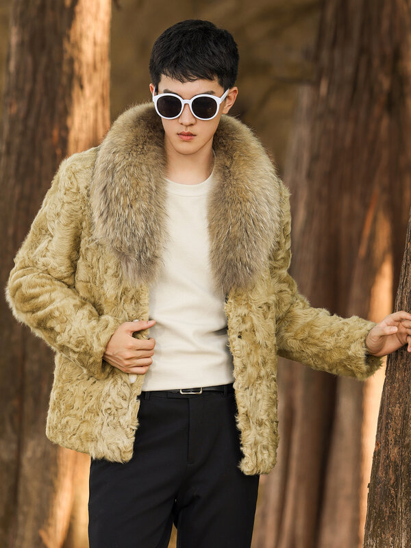 AIFEIGEONLINE uomo di fascia alta inverno nuovi vestiti in vera pelle agnello Shearling cappotto Casual grande collo di pelliccia di procione giacca da uomo
