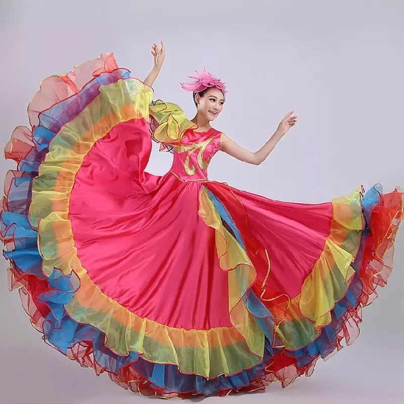 ชุดเต้นรำสไตล์สเปนสำหรับผู้หญิงชุดเต้นระบำยิปซีชุดฟลาเมงโก้180/360/720กระโปรงพริ้วสำหรับการแสดงบนเวที
