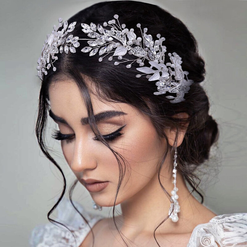 Bando mutiara kristal wanita, aksesori rambut pengantin bando Tiara berlian imitasi daun ikat kepala rambut untuk wanita elegan