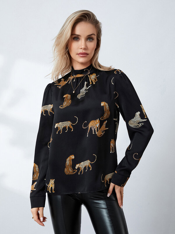 T-shirt imprimé léopard pour femme, chemise décontractée, manches longues, col montant, pull, printemps, automne