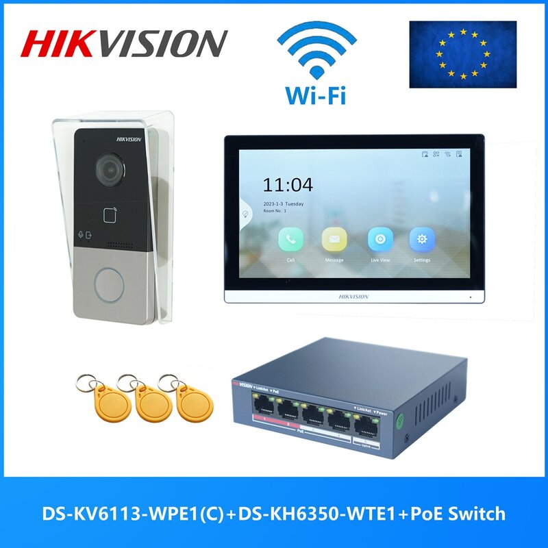 Wielojęzyczny zestaw wideodomofon POE 802.3af HIKVISION, zawiera DS-KV6113-WPE1(C), DS-KH6350-WTE1 i przełącznik PoE