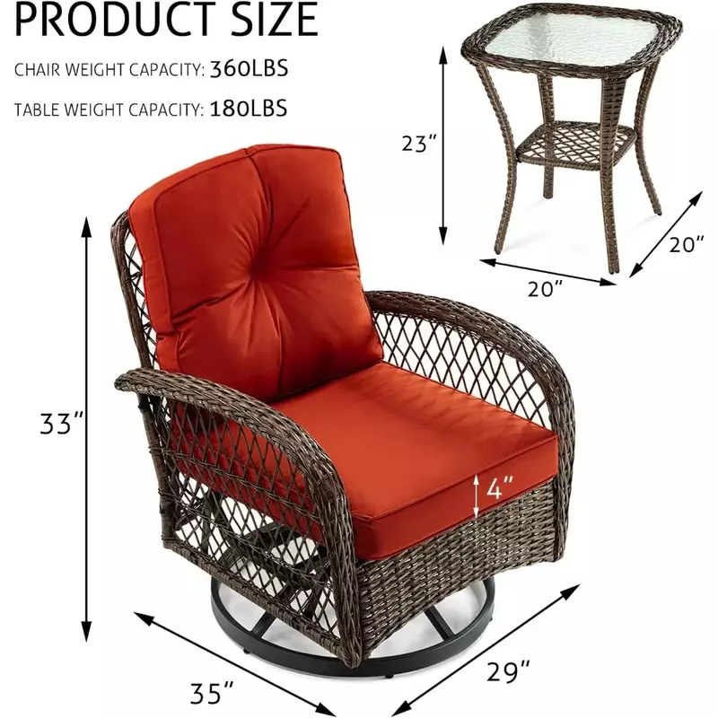 Set di 3 mobili da giardino, bilanciere girevole per esterni, Set da bistrot in vimini con sedia a dondolo, cuscini e tavolo (rosso)