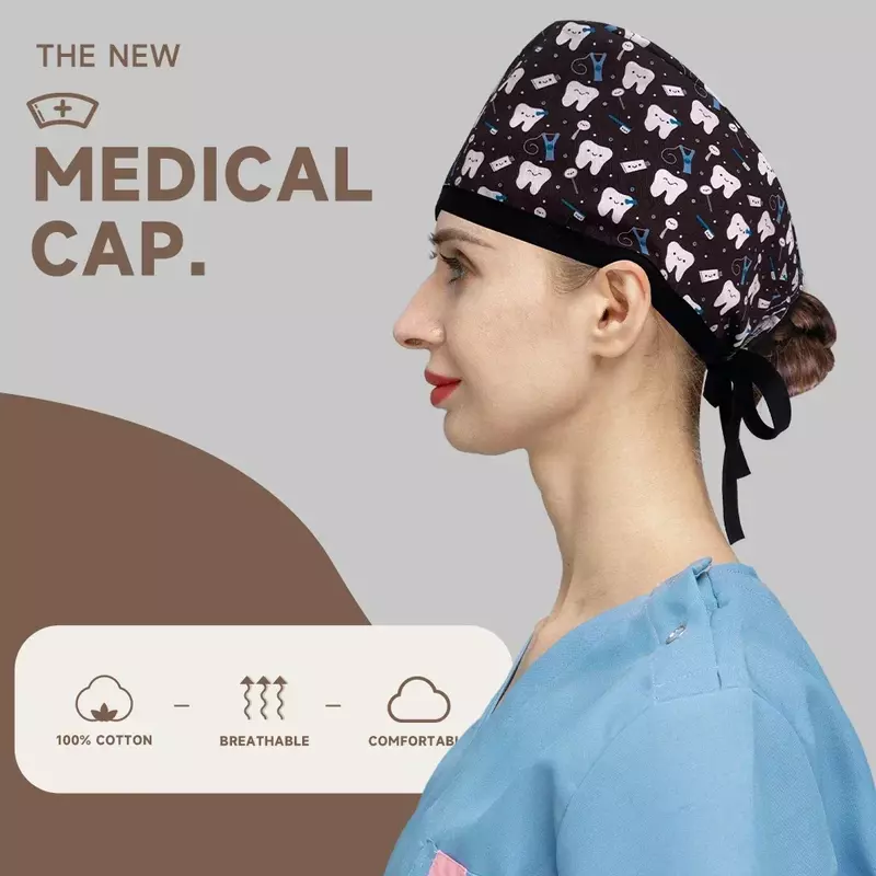 Topi Scrub bedah perawatan uniseks topi cetak lembut topi medis topi kerja ahli kecantikan Lab Salon topi apotek 100% katun topi perawat