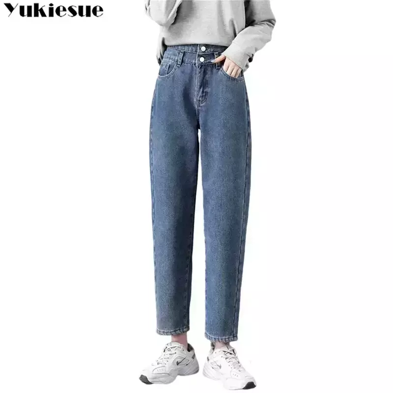 Celana Haren Denim Hangat Baru Musim Dingin Mode Harajuku Celana Pinggang Tinggi Hangat Tebal Kasual Jeans Lurus Bulu Antik Wanita Beludru