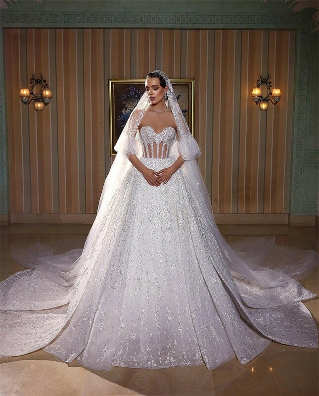 Brokatowa suknie balowe luksusowa błyszczące cekiny koraliki kościelna suknia ślubna z odpinany rękaw koronkowa wykonywana na zamówienie tylnym przedsionkiem