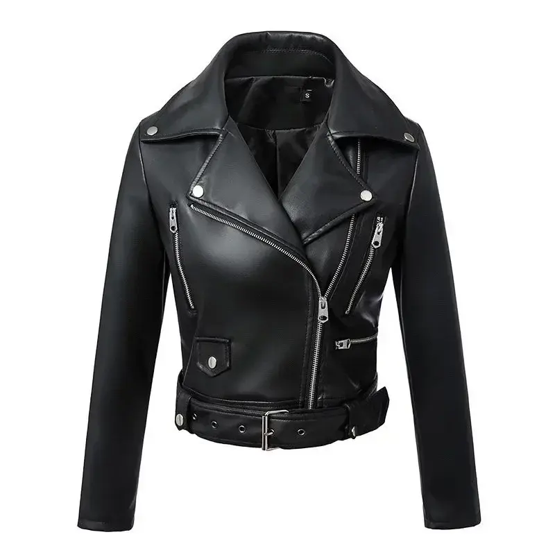 New Ladies Autumn Winter Black Coat Lapel Collar with Belt PU Leather Jacket