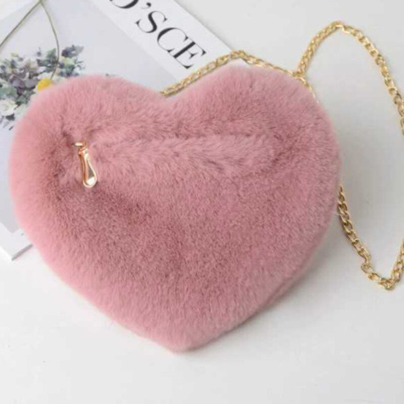 Bolsa feminina de pelúcia pequena com corrente de ombro pêssego em forma de coração, bolsa casual amor, mensageiro versátil de alta qualidade, crossbody luxuoso