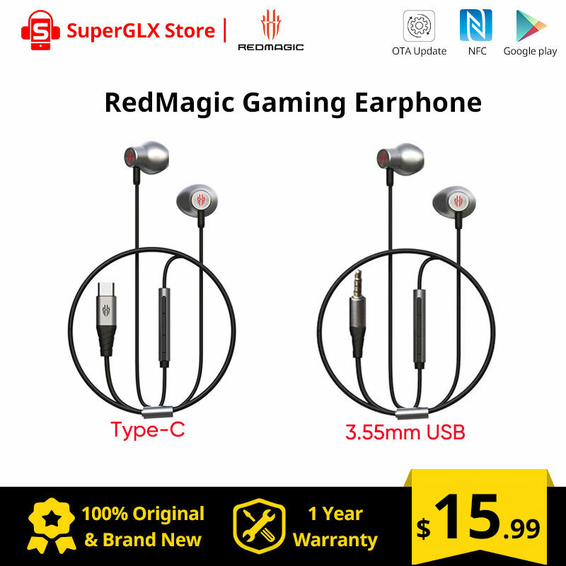 Original New ZTE Nubia RedMagic Gaming Earphone Type-C / 3.5mm Earbuds Earphone Red Magic Wired Headset For Red Magic 8 Pro