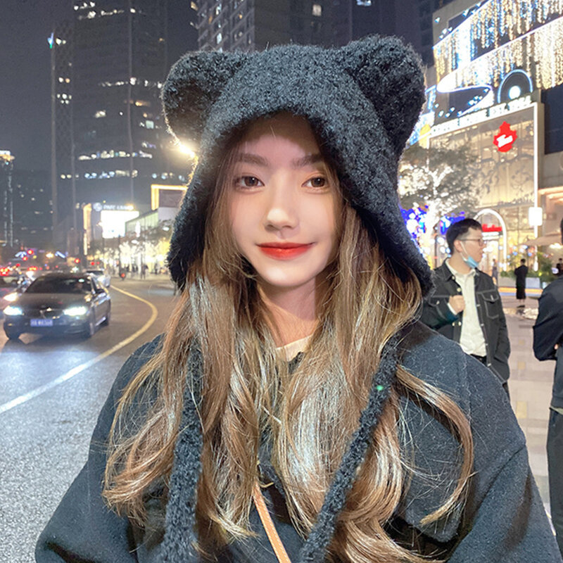 Cute Bear Ear Wool Hat Winter Beanies Warm Lace-up Ear Protection Knitted Bomber Cap Bonnets Knitting Korea Women Warm
