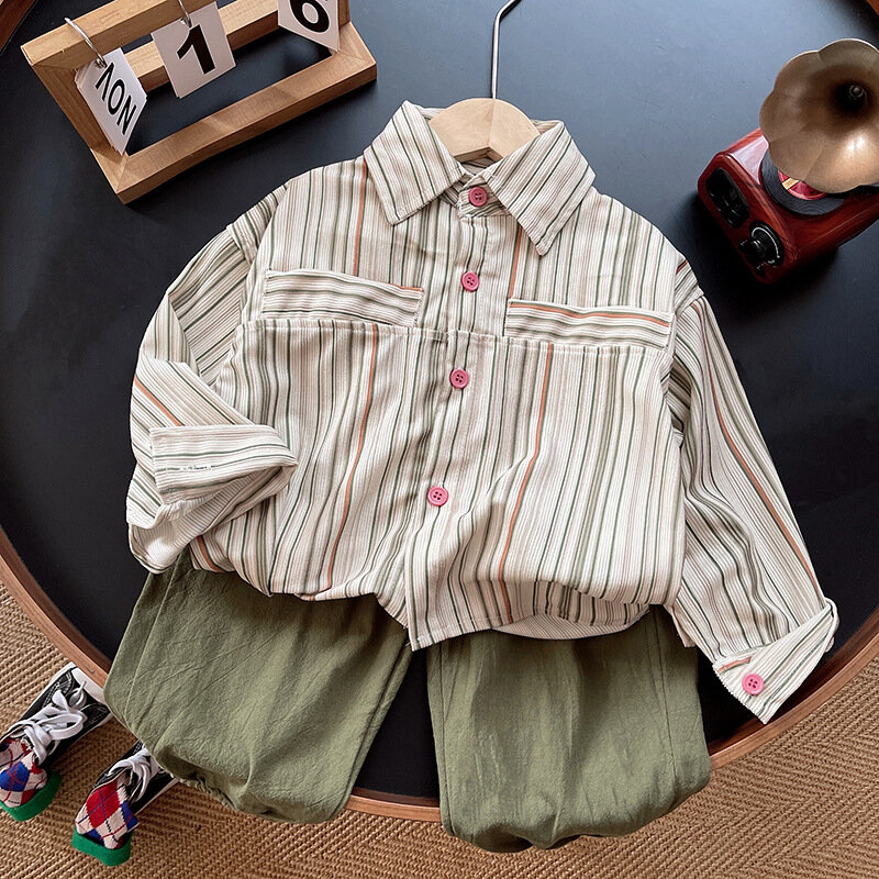 Conjunto de camisa polo e calça masculina listrada, roupa de manga comprida infantil, terno de bebê, moda casual, 12M-5Y, primavera, outono, 2021, 2 peças
