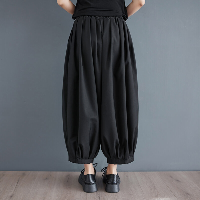 กางเกงบลูมเมอร์ลำลองของผู้หญิงแฟชั่นสีกางเกงขาม้าเอวสูงสไตล์ญี่ปุ่นสีดำเข้มฤดูใบไม้ผลิฤดูร้อน