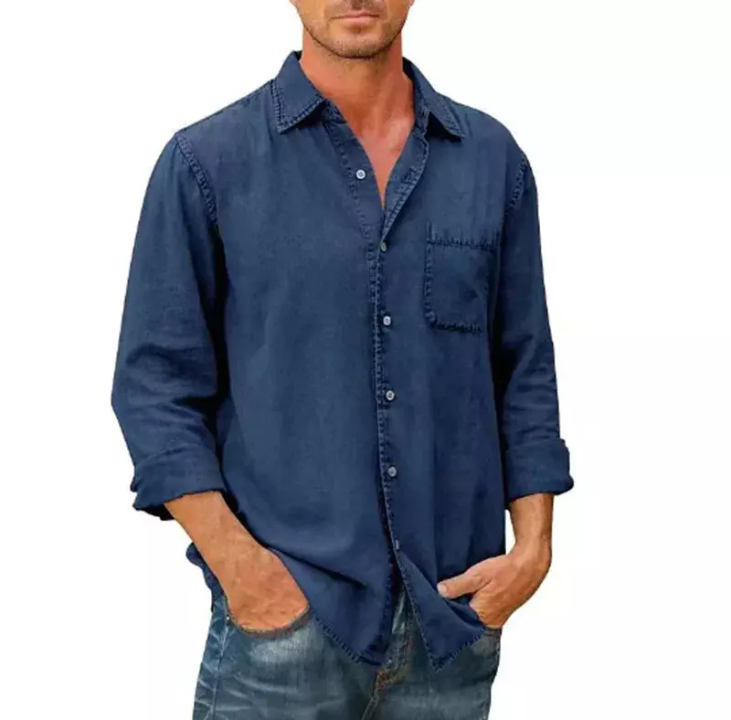 Camisa de manga larga con solapa para hombre, camisa de bolsillo sólido, botonadura única, negocios, Social, primavera y otoño