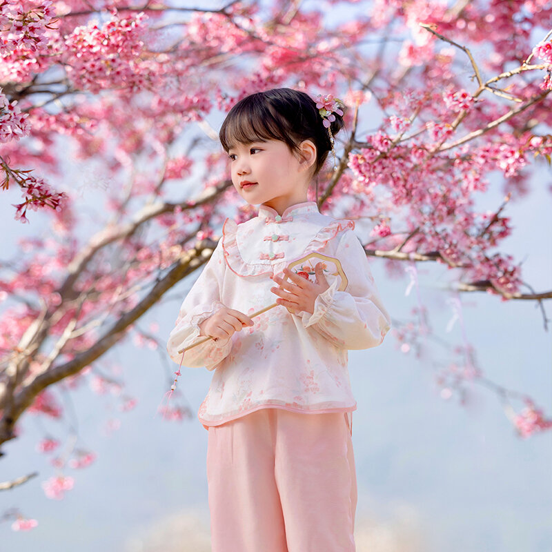 Hanfu girl spring and autumn clothing baby Chinese style pink pants set little girl ancient clothing children's improved Tang cl