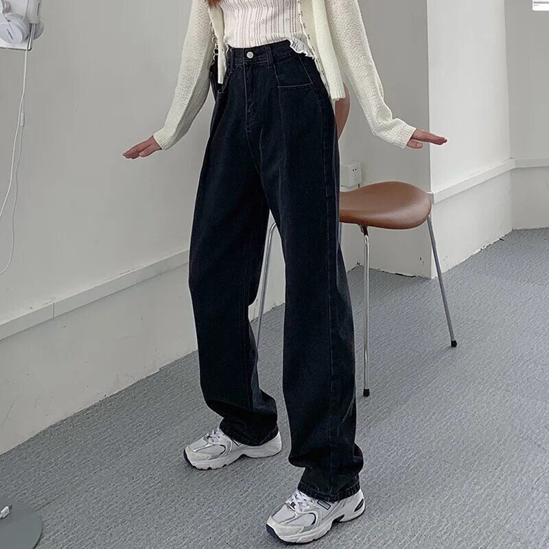 Vintage z szerokimi nogawkami proste dżinsy kobiety czarny wysoki stan za duże spodnie dżinsowe 2023 wiosna nowy zwykłe długie spodnie koreański styl