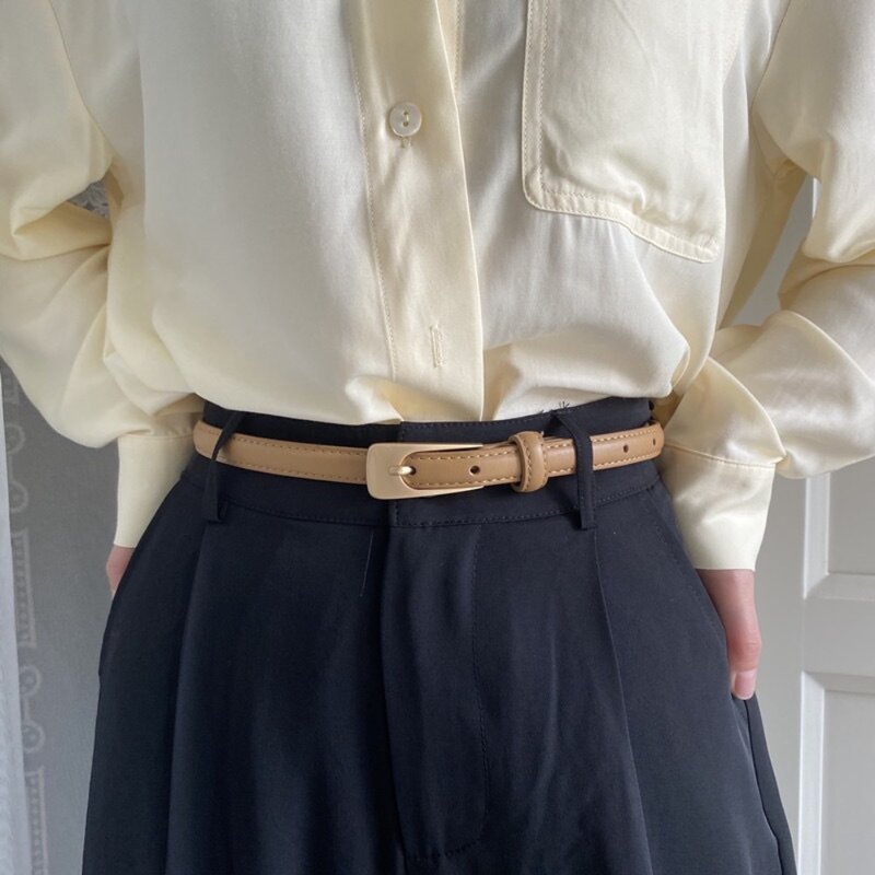 Retro Fashion Thin Belt Women Square Alloy Buckle Adjustable Waistband Daily Pants Jeans Suit Decoration Simple Belt