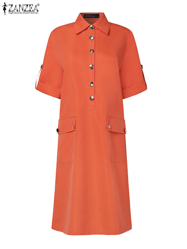 ZANZEA-Vestido camisero Vintage para mujer, Vestido de verano de manga corta con cuello de solapa, liso, informal, hasta la rodilla, 2024