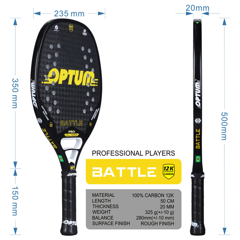 OPTUM-BATTLE Carbon Fiber Beach Tennis Racket com tampa do saco, superfície áspera, 12K