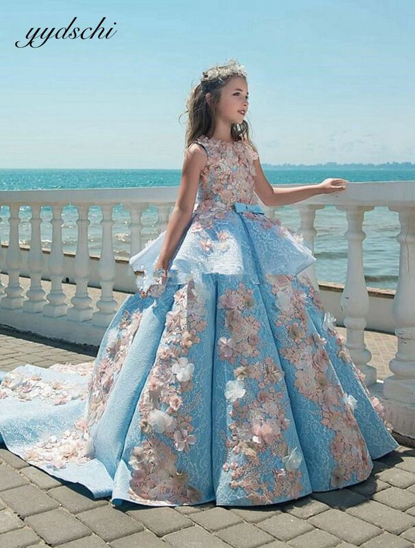 Gaun Gadis Bunga Biru Langit Putri untuk Pernikahan 2023 Applique Sapu Kereta Kontes Pesta Ulang Tahun Anak-anak Gaun Komuni Pertama