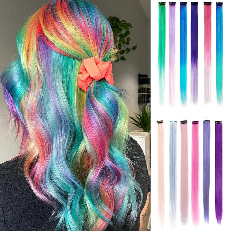 6 Stks/pak Gekleurde Party Highlights Clip In Hair Extensions Voor Meisjes 22 Inch Multi-Colors Steil Haar Synthetische Haarstukken