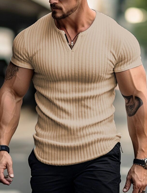 Summer 2024 New Men's Top Casual Sport Breathable V-Neck Vertical Strip Solid Color T-Shirt Short Sleeve