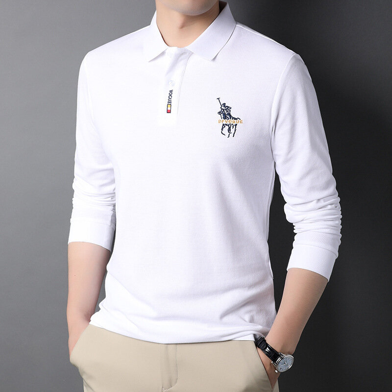 Мужская Повседневная деловая рубашка с отложным воротником, Высококачественная футболка с вышивкой и длинным рукавом, мужская одежда