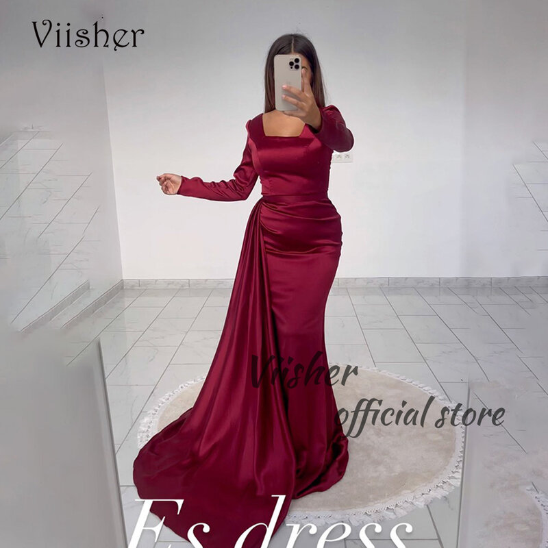 Viisher Burgundy Satin Mermaid Evening Dresses Long Sleeve Square Neck Dubai Arabic Formal Dress with Train Evening Party Gown