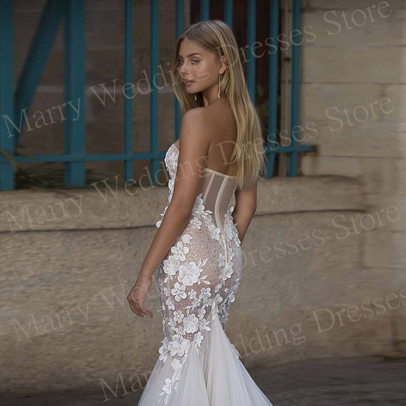 Seksowna fascynująca syrenka wdzięczna damska suknie ślubne bez ramiączek 3D kwiaty koronkowe suknie panny młodej bez rękawów Vestidos De Novias