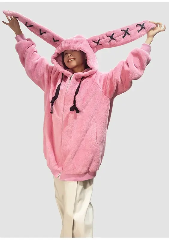 Słodkie różowe futrzana kurtka damskie 2023 zimowe nowe słodkie królicze uszy styl japoński Harajuku grube ciepłe futro Casacos Feminino