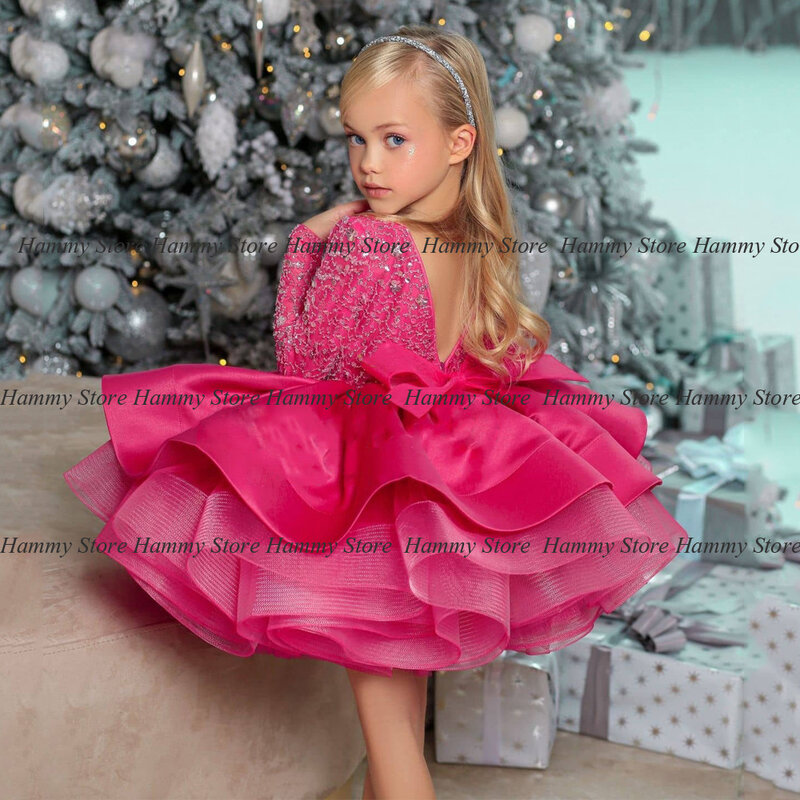 Fucsia Glitter Flower Girl Dress Sparkling maniche lunghe Scoop Neck Ruffles Puff Birthday Party Gown Toddler Pageant