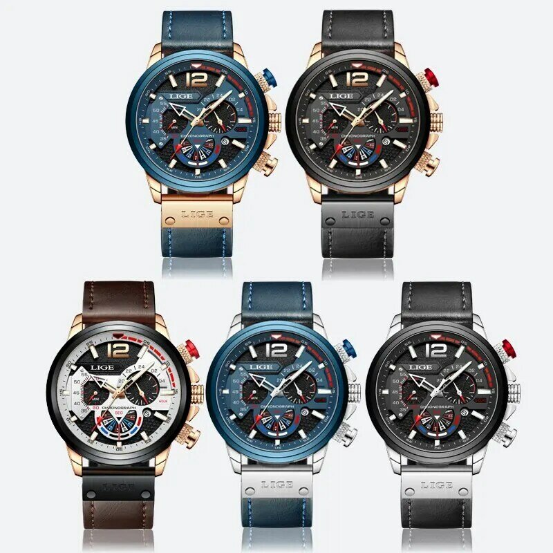 นาฬิกาแฟชั่น Lige นาฬิกากีฬาโครโนกราฟหรูหราสำหรับผู้ชายนาฬิกาข้อมือควอตซ์นาฬิกาผู้ชายกันน้ำ