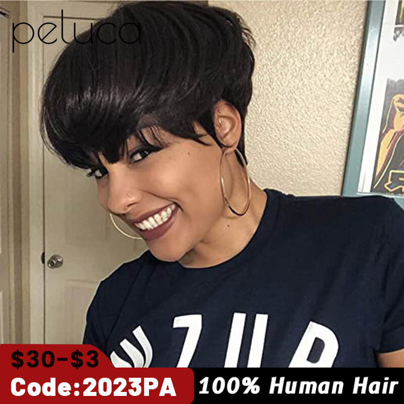 Perucas de cabelo humano curto com franja cabelo virgem brasileiro pixie corte peruca natural barato perucas de cabelo humano para preto