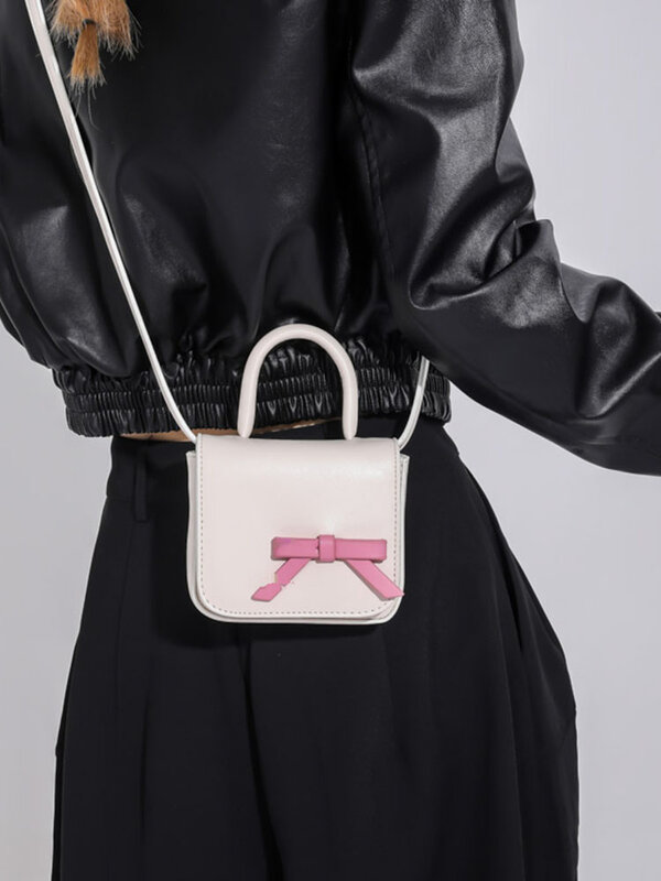 여성용 귀여운 핑크 활 작은 사각형 가방, 텍스처 패치워크 학생 미니 핸드백 Pu 가죽 크로스바디 백, 패션 2024 신제품