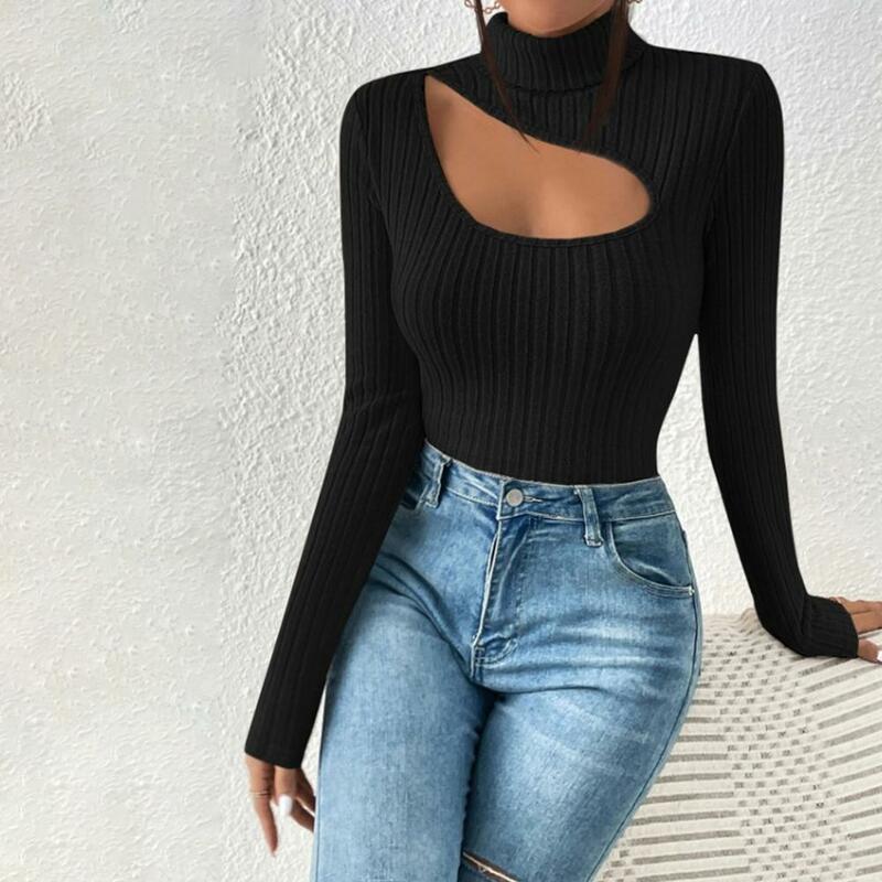 Women Top Hollow Out Sexy Pullover High Collar Long Sleeve Knitted Elastic Slim Fit T-shirt Soft Lady Bottoming Sweater