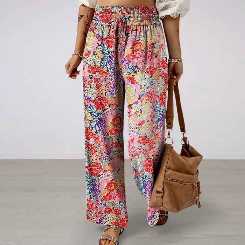 Pantalones estampados de pierna ancha para mujer, pantalones con estampado Floral, cintura alta, pierna ancha, bolsillos ajustables con lazo