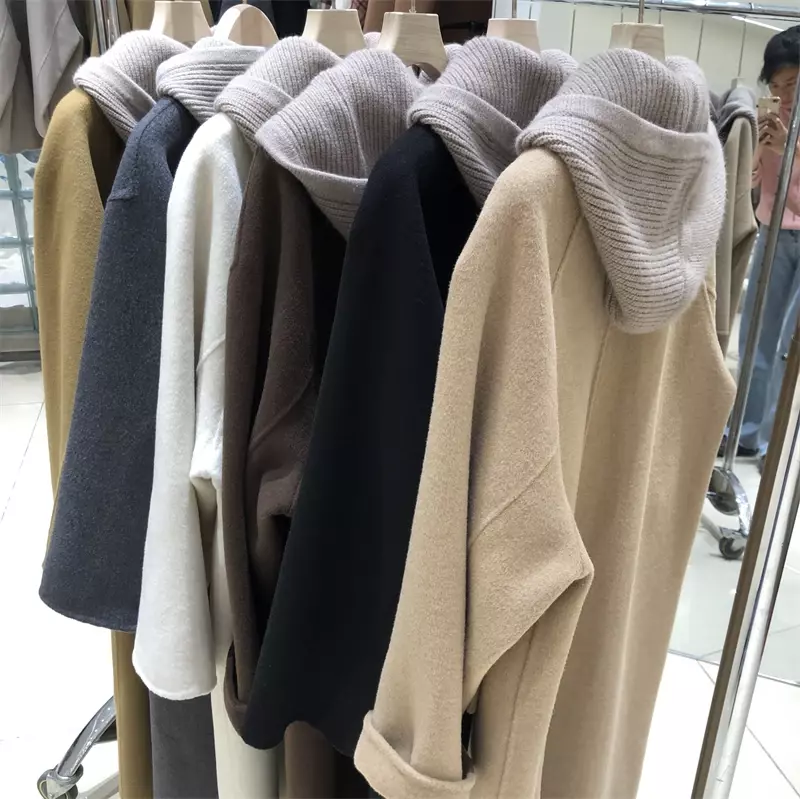 Manteau en laine à capuche amovible pour femme, en cachemire réversible, mi-long, ample, Style Hepburn, nouvelle collection 2023