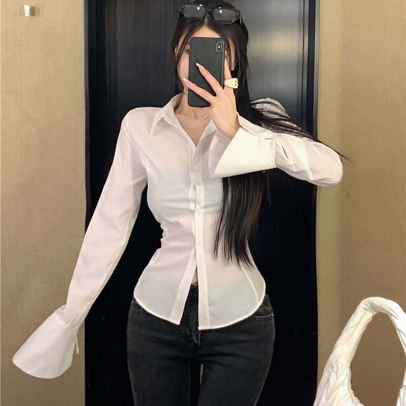 Modne damskie koszule z bandażem Gidyq koreańskie wszystkie dopasowane damskie bluzka typu Slim wiosna na co dzień biała dzwonkowy rękaw koszula nowa