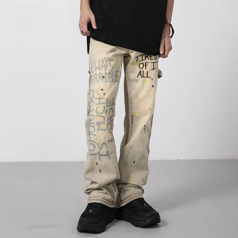 Pantaloni in Denim con lettere ricamate retrò americane da uomo 2023 New High Street Jeans larghi a gamba larga Street Wear pantaloni a gamba dritta