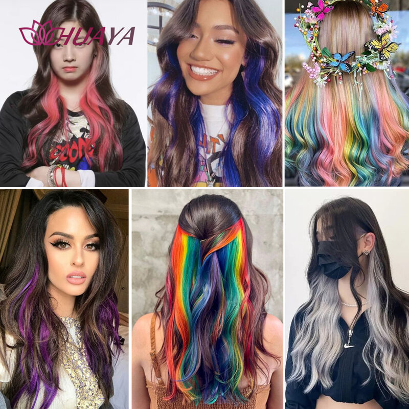 HUAYA klip sintetis dalam satu buah, ekstensi rambut beraneka warna, ekstensi rambut sintetis keriting, rambut Ombre panjang 18 ", merah muda, ungu, merah, biru