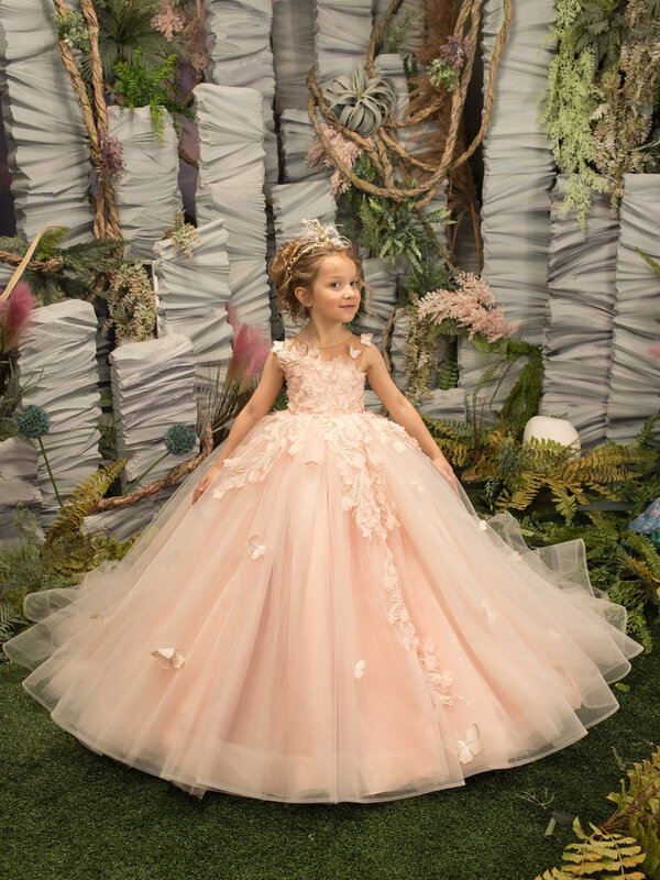FATAPAESE Flower Girl abiti per matrimonio Pearl Pink Floral Tulle Luxury Princess Long Maxi Kids abiti da ballo da damigella d'onore compleanno